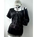Tシャツ レディース Y2Kスタイル パンク ロック テイスト ワンショルダー アシンメトリーネック 切り替え 半袖 ウエストシェイプ 細見え 着痩せ ウォッシュ加工 コットン素材 ブラック ホワイト