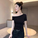 Tシャツ レディース ブラック オフショルダー 半袖 トップス アシンメトリーデザイン ワンショルダー スリムフィット 細見え スタイルアップ効果 上品 エレガント カジュアル 普段使い 通勤 オフィス ポリエステル素材
