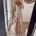 ワンピース レディース 欧米風 胸元ラップ 花柄 ロング丈 海辺 リゾートドレス ノースリーブ オフショルダー ハイウエスト レース ギャザー エレガント フェミニン ポリエステル スパンデックス 白 ピンク グリーン