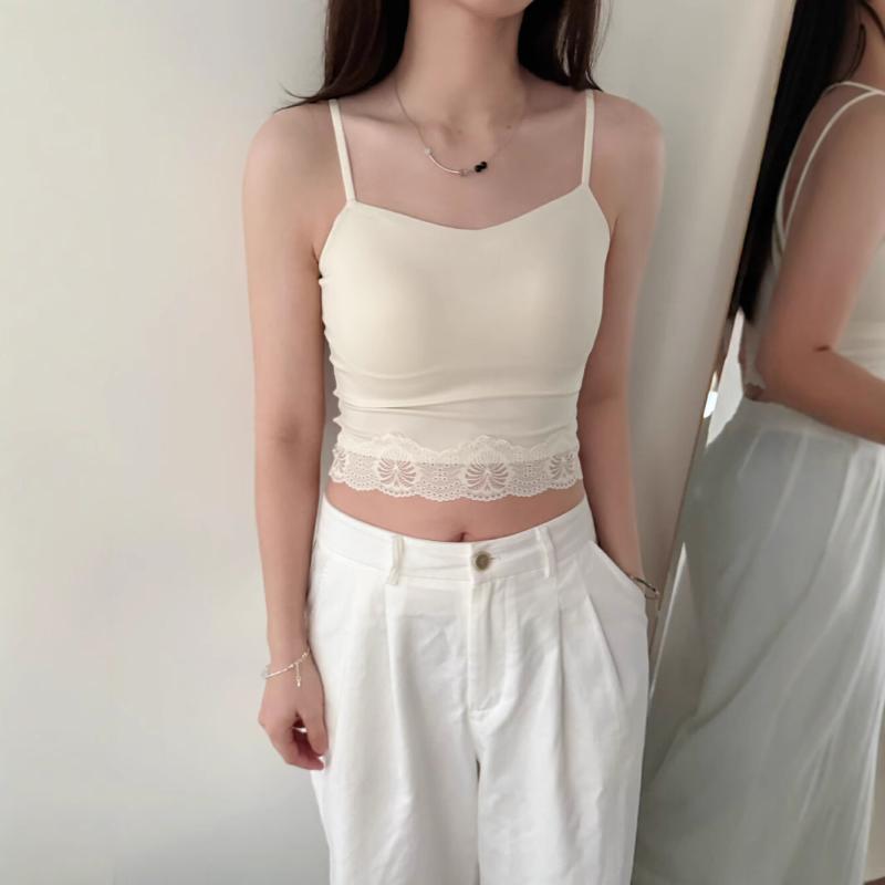 キャミソール レディース レース カップ付き シームレス 接触冷感 フレンチテイスト カジュアル スリムフィット ショート丈 ナイロン混 伸縮性 美背デザイン ルームウェア 普段使い インナー タンクトップ ブラトップ(x2)