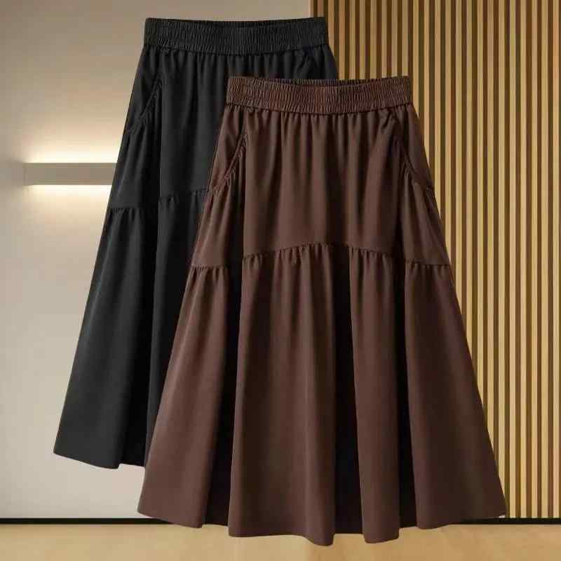 スカート レディース ミディ丈 ハイウエスト Aライン ゆったり 体型カバー 着痩せ ポケット付き 夏 無地 ポリエステル ストレッチ 快適 大人上品 カジュアル 普段使い