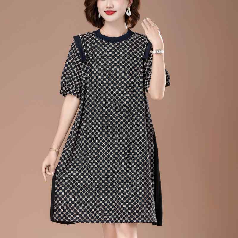 ワンピース ミセス 50代 60代 中高年 女性向け ゆったり 大きいサイズ 夏物 高級感 上品 エレガント Aライン ミディ丈 半袖 ラウンドネ..