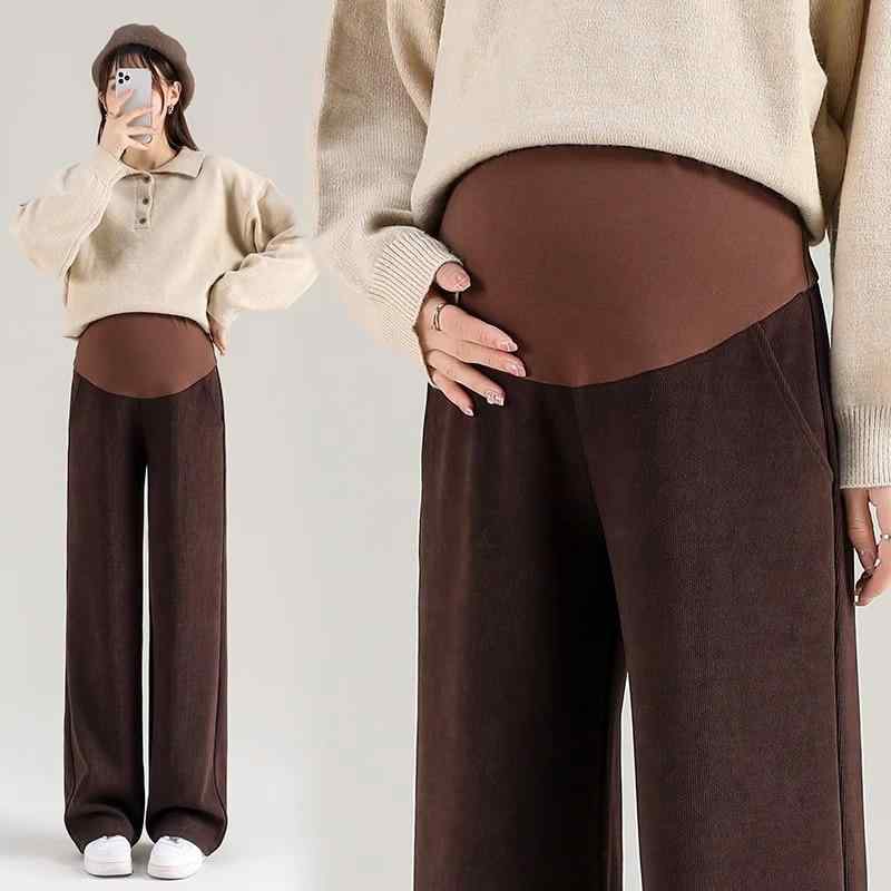 マタニティパンツ 腹部サポート 春秋 外出 ワイドパンツ 秋冬 裏起毛 厚手 ストレートパンツ ゆったり 大きいサイズ ポリエステル ポリウレタン混紡 ストレッチ 普段使い
