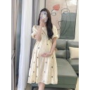 ワンピース マタニティ 韓国風 フェミニン 大人かわいい パフスリーブ ミディ丈 ラウンドネック Aライン 花柄 アプリコット ゆったり 体型カバー 夏 清涼感...
