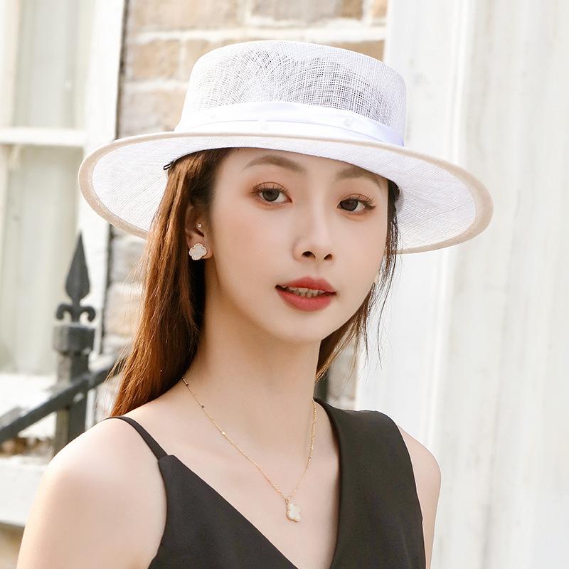 麦わら帽子 レディース フラットトップ ショートブリム 日よけ UVカット 旅行 リゾート 通気性 麻素材 ..