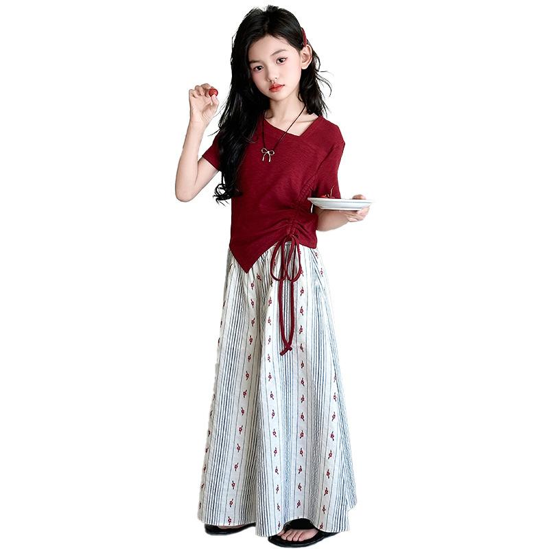 キッズ ガールズ 夏 カジュアル 韓国風 アシンメトリー リボンタイ トップス 小花柄 スカート風パンツ 薄手 柔らかな肌触り 綿 ポリエステル 混紡 セットアップ