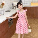 ワンピース 女の子 ガールズ 小花柄 花柄 デジタルプリント フリル袖 ノースリーブ プリンセス風 夏服 綿100% コットン フリル裾 柔らか素材 かわいい おしゃれ ピンク系