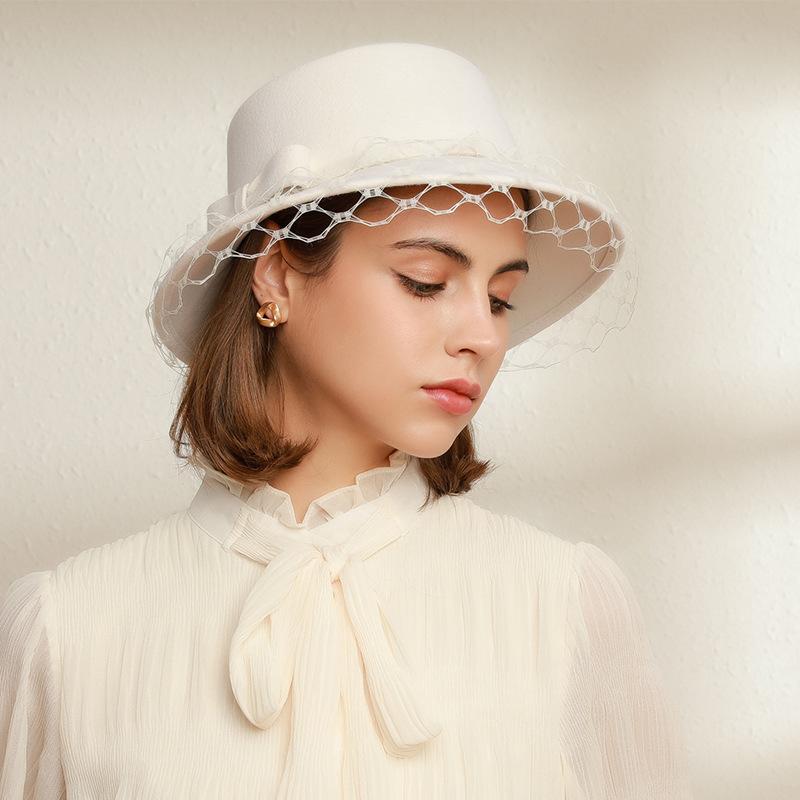 ハット レディース 無地 短つば 保温 ウール 羊毛 バケットハット フィッシャーマンハット リボン メッ..