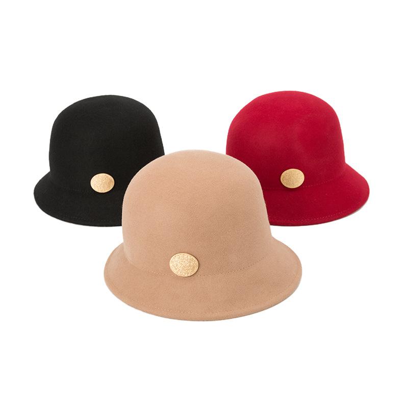 ハット レディース ウール フェルト 秋冬 冬物 ラウンドトップ ショートブリム ゴールド オーバルバッ..