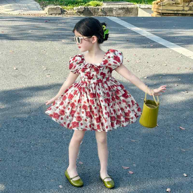 ワンピース 女の子 ガールズ 小花柄 パフスリーブ フレンチスタイル 韓国風 かわいい 薄手 コットン プリンセスドレス 夏 サマー 子供服 女児 フレア 赤 レッド