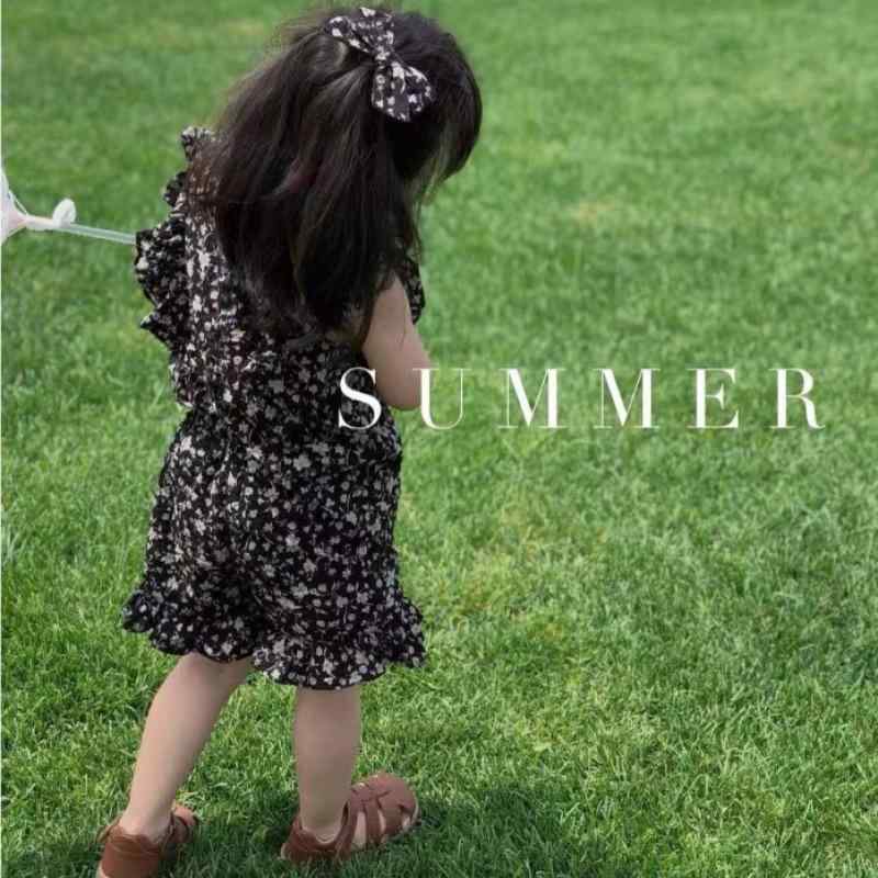 セットアップ 女の子 韓国風 夏 小花柄 フリル袖 半袖 トップス ショートパンツ 2点セット 薄手 シフォン ポリエステル 再生繊維 カジュアル ジュニア キッズ