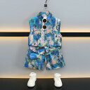 キッズ 女の子 韓国風 油絵調小花柄プリント ノースリーブトップス ショートパンツ 2点セット 夏物 ポリエステル素材 ゆったり快適 涼しい 普段使い お出かけ リゾートスタイル 緑 グリーン