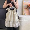 ワンピース 女の子 キッズ ベビー 子供服 韓国風 夏 ノースリーブ ベストワンピース 小花柄 切り替え バルーンシルエット かわいい 綿混 柔らかい 普段使い お出かけ着 グレー 淡色