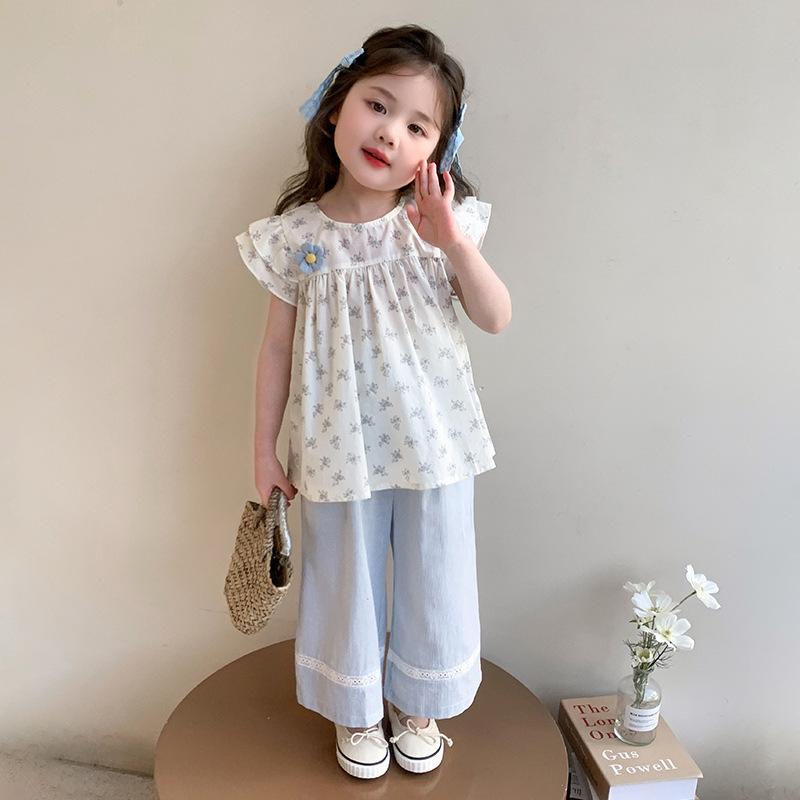 キッズ 女の子 夏服 カジュアル セットアップ ナチュラル 小花柄 半袖 フリル チュニック ブラウス 綿混 薄手 ワイドパンツ ロングパンツ 2点セット ライトブルー