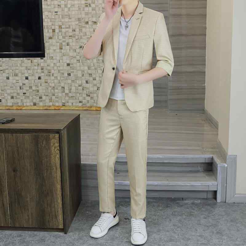 セットアップ メンズ 七分袖 スーツ 夏用 クールビズ ビジネス カジュアル スリムフィット ポリエステ..