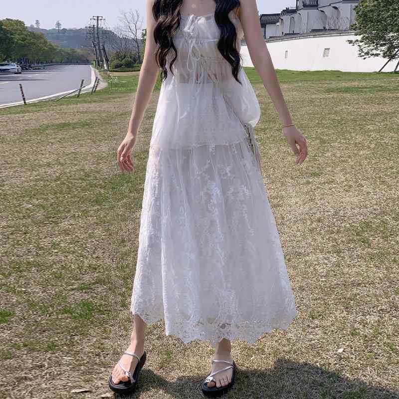 スカート レディース レトロ ヴィンテージ レース かぎ編み ハイウエスト Aライン ティアード ロング ミモレ丈 ポリエステル 綿 ホワイト 着痩せ 微ストレッチ 清楚 エレガント フェミニン 上品