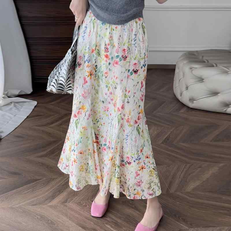 半身スカート マーメイドスカート ミモレ丈 花柄 小花柄 カットワークレース 透かし ポリエステル きれいめ エレガント 通勤 オフィス カジュアル