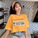 Tシャツ レディース 学生 ショート丈 クロップド丈 へそ出し 半袖 トップス 韓国風 ゆったり ルーズフィット クルーネック ポリエステル プリント カジュアル 普段使い(x2)(4)