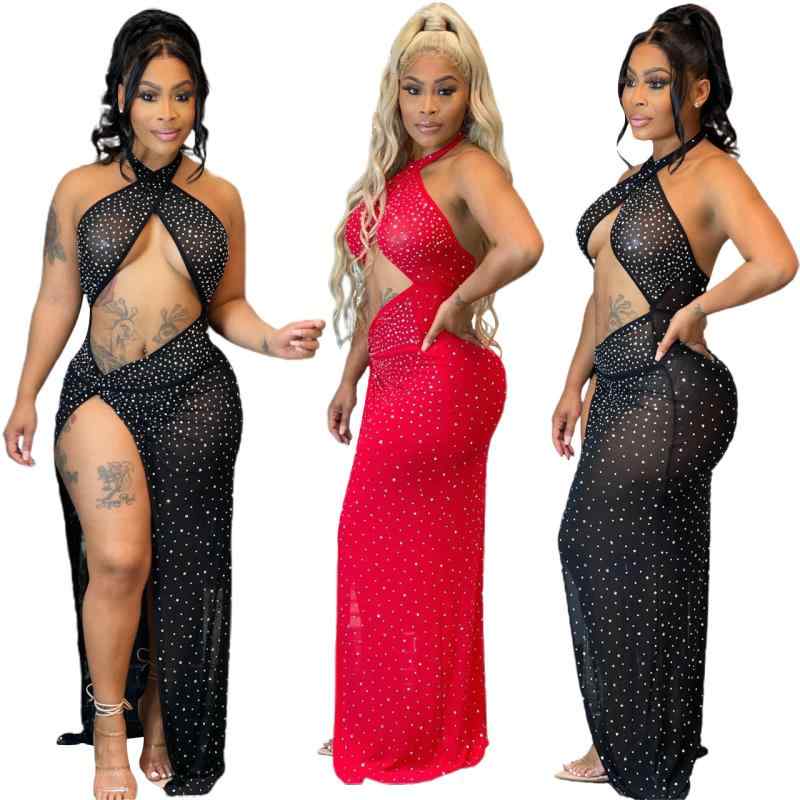 ワンピース レディース セクシー シースルー ラインストーン ビジュー ノースリーブ ロング丈 タイトスカート パーティードレス イブニングドレス キャバドレス ハイウエスト Xライン ポリエステル スパンデックス 赤 レッドのサムネイル