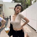 Tシャツ レディース クロスVネック 花柄 半袖 ショート丈 クロップド丈 へそ出し タイト スリム フィット プルオーバー プリント ポリエステル素材 純欲風 セクシー ギャル カジュアル 上品 トップス