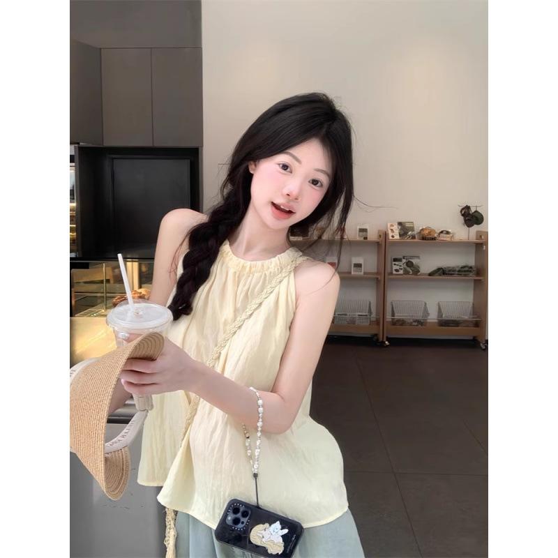 タンクトップ レディース ホルターネック ノースリーブ ライトイエロー ナイロン ルーズフィット 体型カバー 着痩せ効果 おしゃれ 上品 きれいめカジュアル ストレッチ トップス