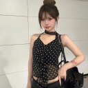 タンクトップ レディース ホルターネック ドット柄 水玉 シフォン 透け感 ショート丈 スリムフィット タイト セクシー 肌見せ ポリエステル ストレッチ カジュアル ギャル 韓国風 夏コーデ 普段使い お出かけ トップス