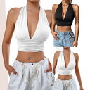 キャミソール レディース セクシー 無地 深Vネック ノースリーブ バックオープン エレガント 上品 スリムフィット ショート丈 ホルターネック ストレッチ ポリエステル 通勤 オフィス デイリー 普段使い トップス ホワイト ブラック