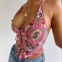 タンクトップ レディース 女性用 ホルターネック バックレス セクシー ローネック プリント スリムフィット ポリエステル 抽象柄 多彩なカラー カジュアルスタイル