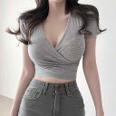 Tシャツ レディース 女性用 深Vネック 胸元あき クロスデザイン セクシー バックオープン 背中見せ 前後2WAY タイト スキニー 半袖 ショート丈 クロップド へそ出し コットン 無地 トップス カットソー