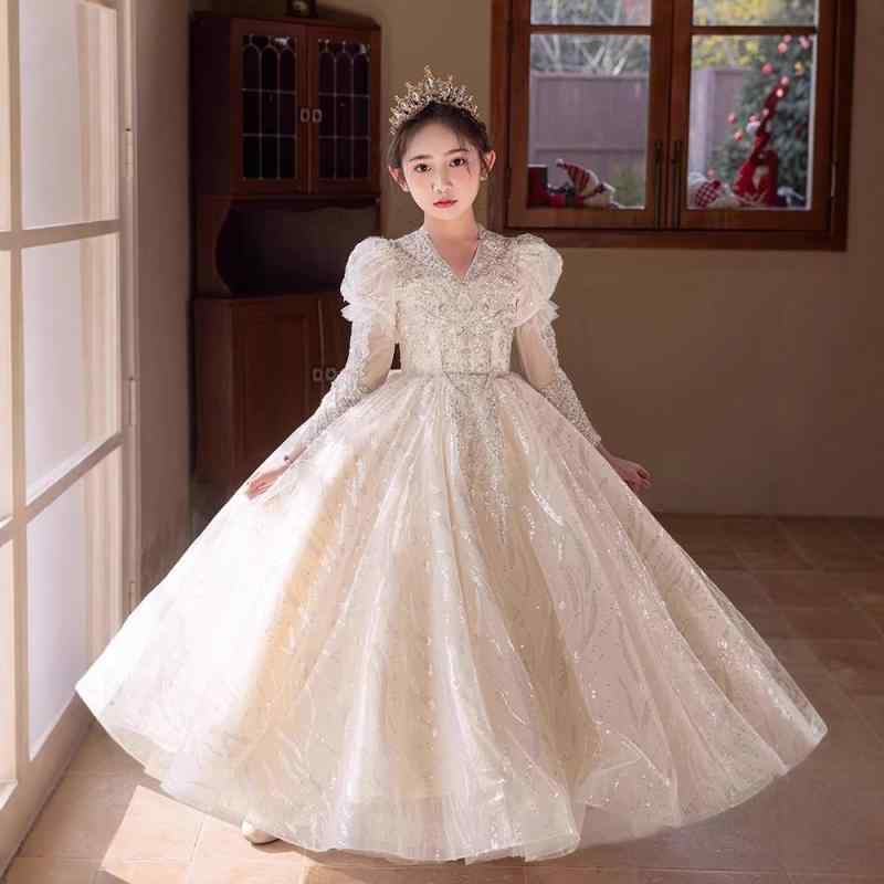 ドレス キッズ 女の子 フォーマル プリンセスドレス 結婚式 フラワーガール ピアノ発表会 演奏会 誕生日 記念日 セレモニー 礼服 高級感 上品 エレガント チュール ロング丈 ホワイト ポリエステル