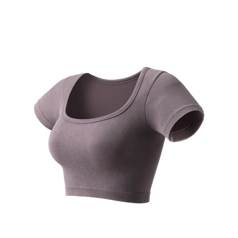 スポーツトップス レディース 夏用 半袖 シームレス クロップド丈 着痩せ 吸湿速乾 高伸縮性 ウォッシュ加工 ヨガ フィットネス ランニングウェア