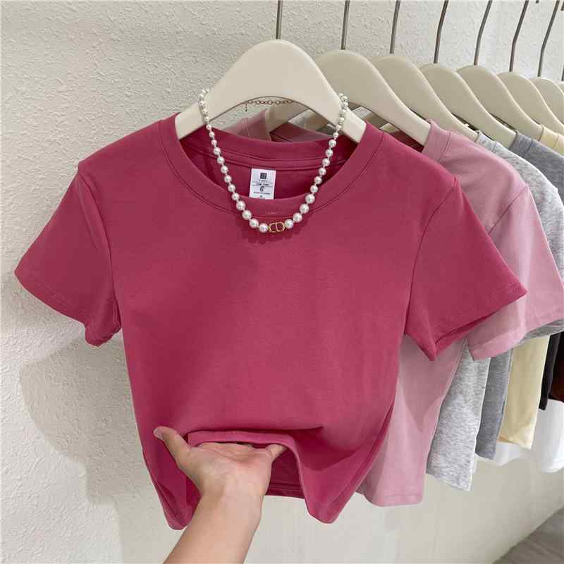 Tシャツ レディース ラウンドネック 半袖 ショート丈 クロップド丈 スリムフィット タイト へそ出し ヘルシーギャル ピュアセクシー 肌見せ 綿 コットン 無地 着回し 万能 上品 通勤 デイリーユース カジュアル トップスのサムネイル