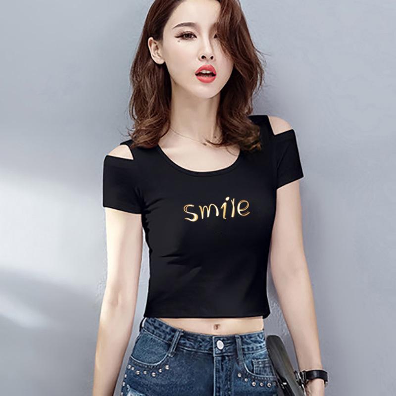 Tシャツ レディース ショート丈 へそ出し 半袖 オフショルダー 肩出し タイト スリムフィット 韓国ファッション コットン プリント ラウンドネック プルオーバー オフィス カジュアル 夏のサムネイル