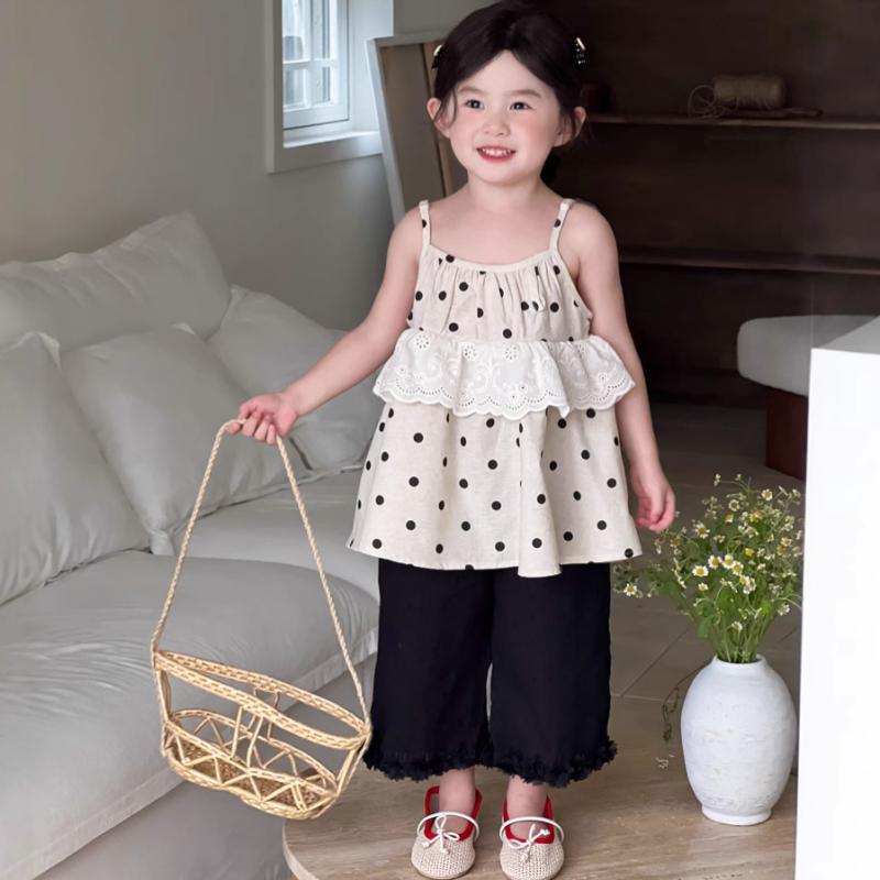 パンツ キッズ 女の子 韓国風 ジャカード織り フリル ドット柄 七分丈 ワイドパンツ ミドルウエスト 綿100% ウエストゴム 柔らかな肌触り 夏 普段使い ベーシック ブラック