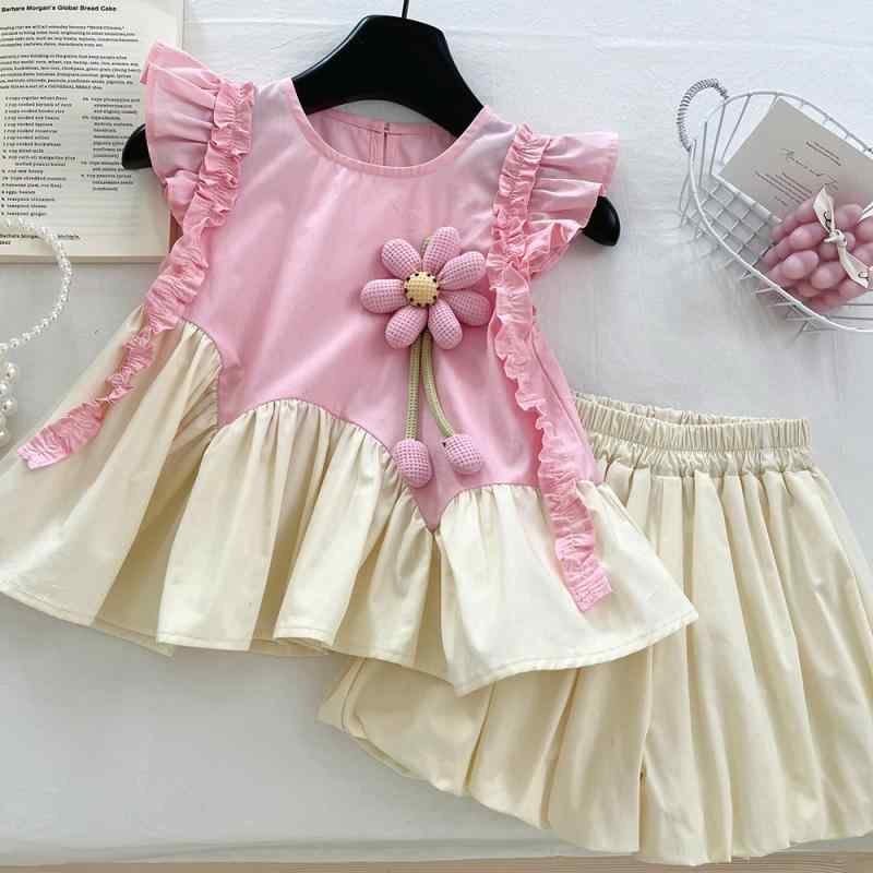 セットアップ キッズ 女の子 夏 花柄 フリル袖 配色 トップス バルーンショートパンツ かわいい 綿 薄手 やわらかい ピンク
