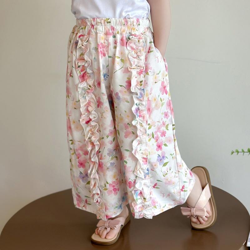 ワイドパンツ キッズ 女の子 花柄 防蚊 薄手 ゆったり 接触冷感 カジュアル トレンド 綿素材 ロング丈 春夏秋 ウエストゴム