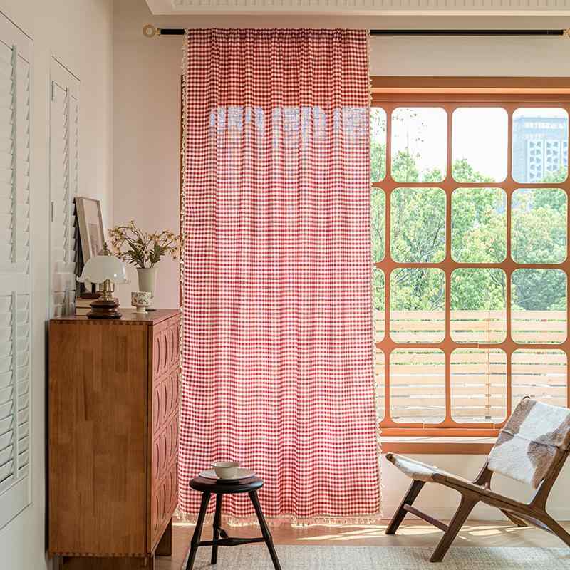カーテン 赤色 チェック柄 タッセル付き 綿麻 半遮光 小窓 キッチン 出窓用 和風 おしゃれ ナチュラルスタイル 目隠し リビング 寝室 ダイニング 間仕切り