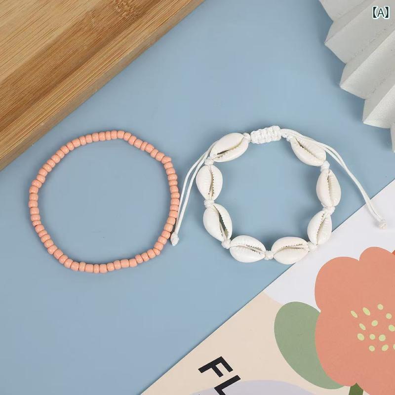 Grams楽天市場店のアンクレット ユニセックス 伸縮性 ビーズ シードビーズ シェル 貝殻 編み込み ガラスビーズ ビーチ サマー リゾート カジュアル 夏アクセサリー 2本セット｜アングル2