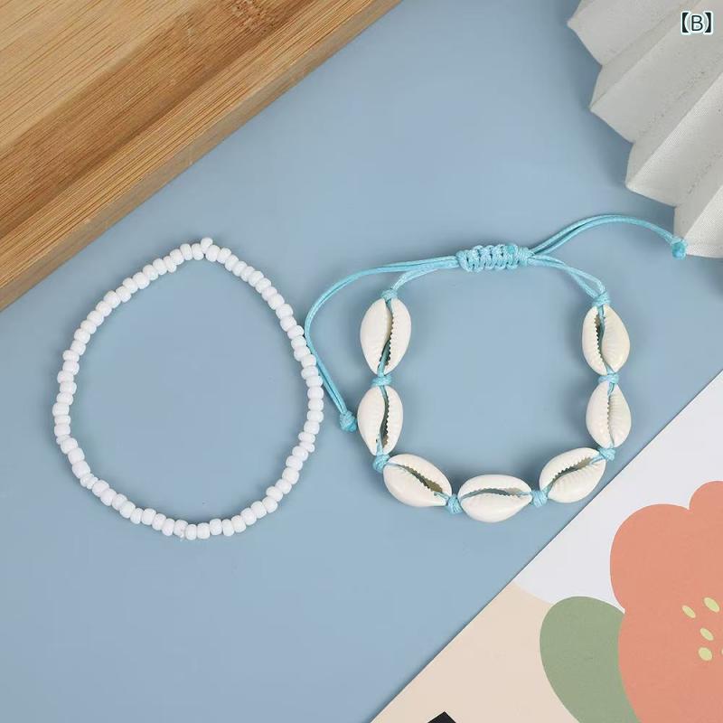 Grams楽天市場店のアンクレット ユニセックス 伸縮性 ビーズ シードビーズ シェル 貝殻 編み込み ガラスビーズ ビーチ サマー リゾート カジュアル 夏アクセサリー 2本セット｜アングル3