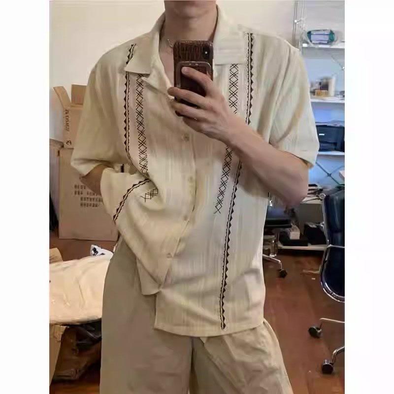 シャツ メンズ ベージュ 刺繡 半袖 オープンカラー 民族風 レトロ カジュアル ポリエステル ゆったり ルーズフィット 大きいサイズ 夏 トップス