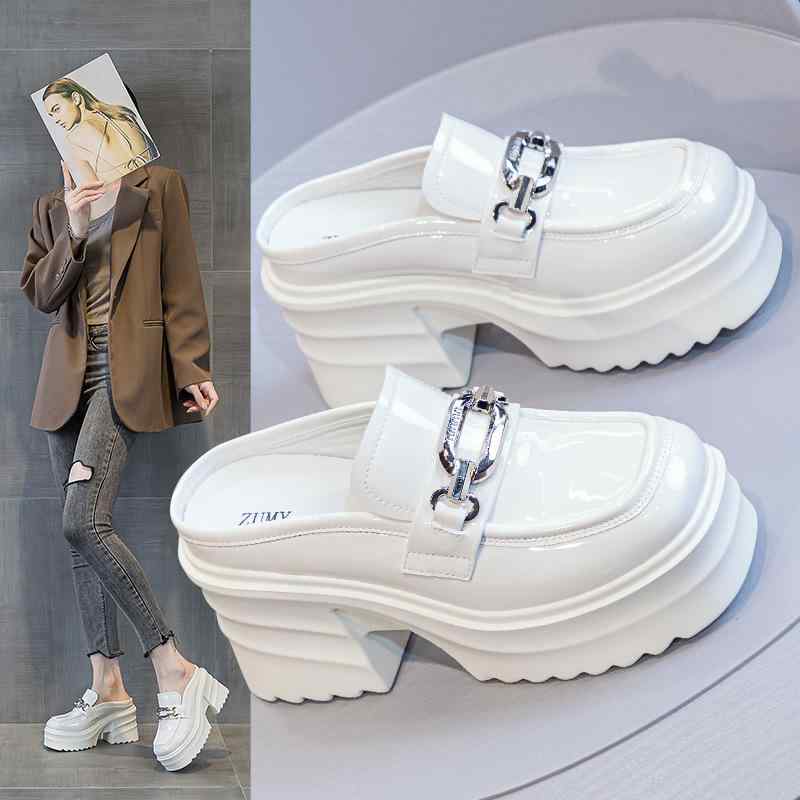 ミュール レディース 厚底 9cmヒールアップ 脚長効果 クローズドトゥ サンダル ラウンドトゥ 外履き カジュアル 本革 レザー ポリウレタン 高級感(4)