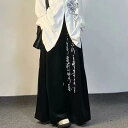 ワイドワークパンツ メンズ コーデュロイ 書道プリント ハイウエスト ドレープ感 ストレート ロング丈 ゆったりシルエット ポリエステル ブラック 通気性 マシンウォッシャブル レトロスタイル