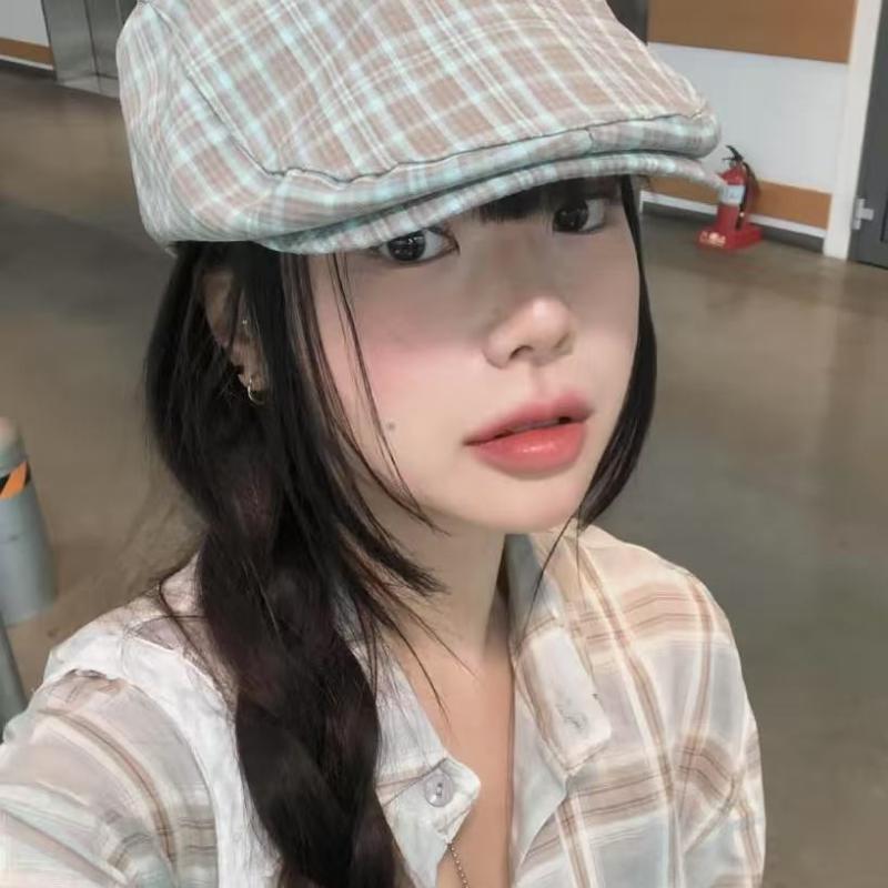 キャスケット レディース 日系 レトロ ヴィンテージ 配色 チェック柄 格子柄 ニュースボーイキャップ コットン 綿 カジュアルスタイル 帽子 春夏秋冬 オールシーズン 通気性 遮光 日よけ ブラック ブルー ブラウン
