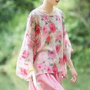 Tシャツ レディース ラミー 麻素材 デジタルプリント クルーネック 七分袖 チャイナボタン ゆったり ルーズフィット エスニック 民族風 レトロモダン カジュ...