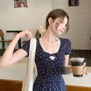 ワンピース レディース フレンチレトロ Vネック 半袖 スリム ハイウエスト 小花柄 ロング丈 紺色 ネイビー TR素材 レース エレガント 上品 普段使い デイリーユース 体型カバー