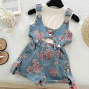セットアップ 女の子 女児 3点セット 花柄 ノースリーブ トップス デニム ショートパンツ サロペット 綿 柔らか素材 普段使い おしゃれ 韓国風 ブルー系 カジュアル