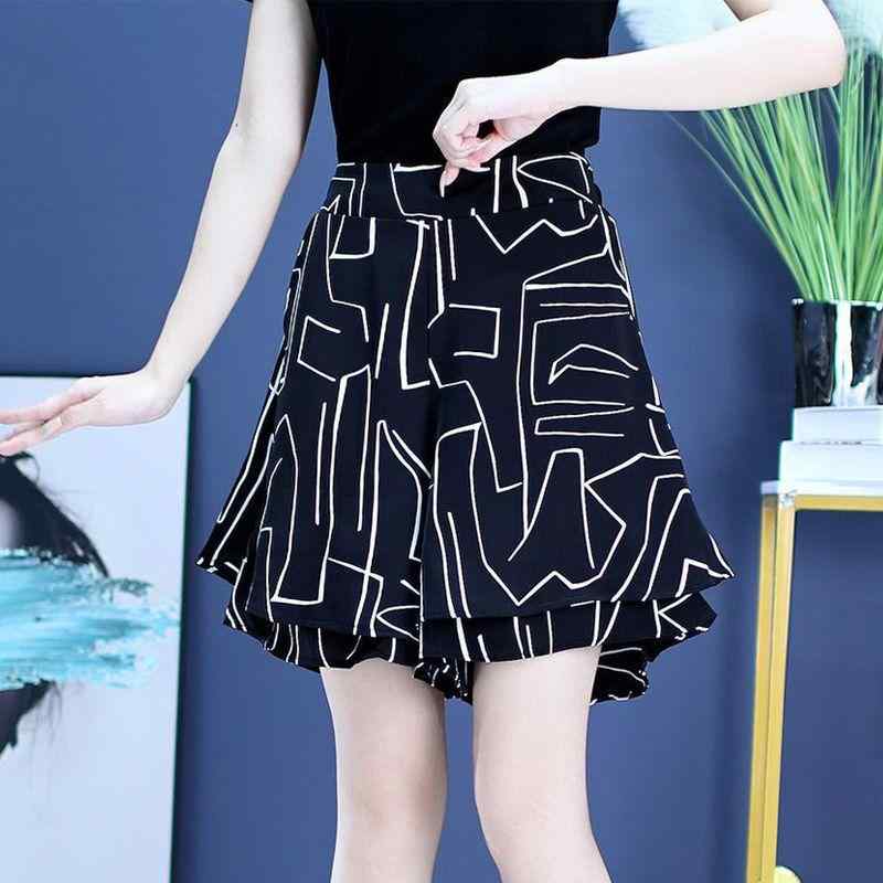 スカートパンツ レディース ミセス 夏用 ハイウエスト ワイドパンツ 接触冷感 カジュアル ポリエステル Aライン ショート丈 ストライプ チェック ポケット付き 吸湿速乾 軽量 リラックス 上品 通勤