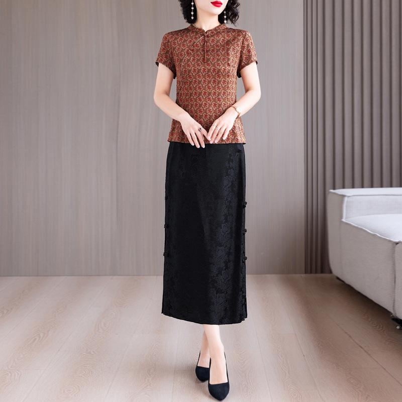 セットアップ レディース ミセス向け レトロ クラシック 中国風 花柄 プリンセススリーブ 五分袖 トップス ロングスカート ポリエステル 上下セット エレガン...