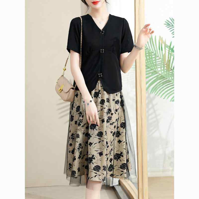 スカートセット レディース ミセス 夏 薄手 半袖 フリル袖 トップス ロングスカート 2点セット ポリエステル プリント柄 きれいめ 切り替えデザイン 通勤 ...