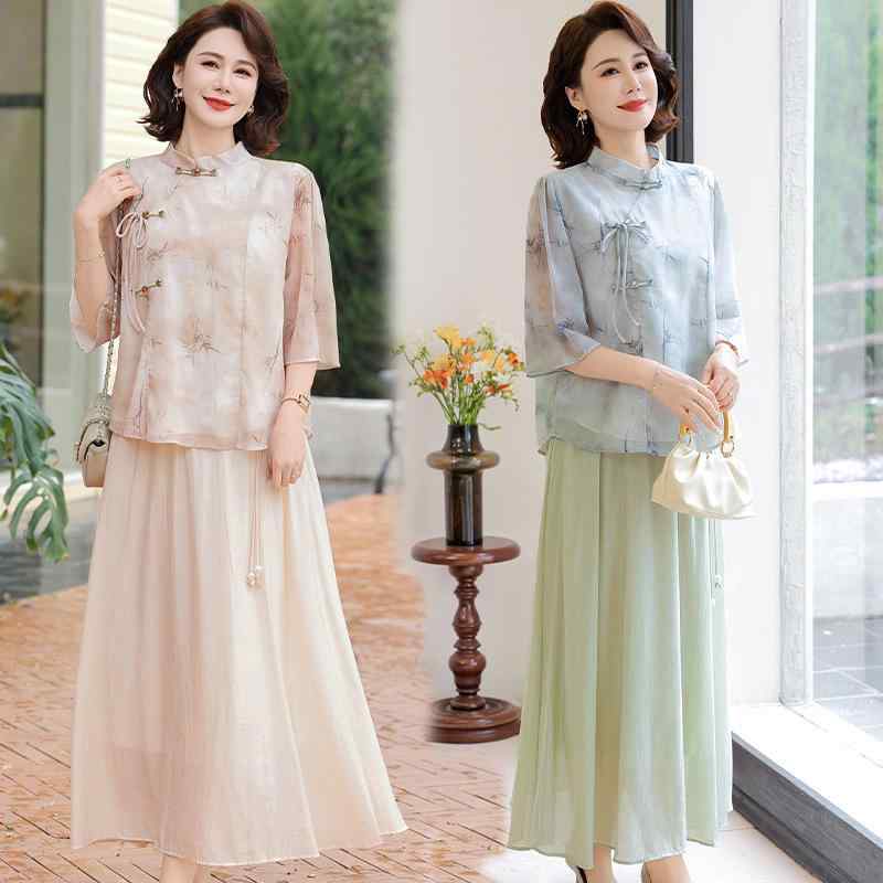 スカートセットアップ ミセス 女性用 Tシャツ ロングスカート チャイナ風 花柄 プリント 上下セット 五分袖 ポリエステル素材 エレガント 通勤 オフィス カ...